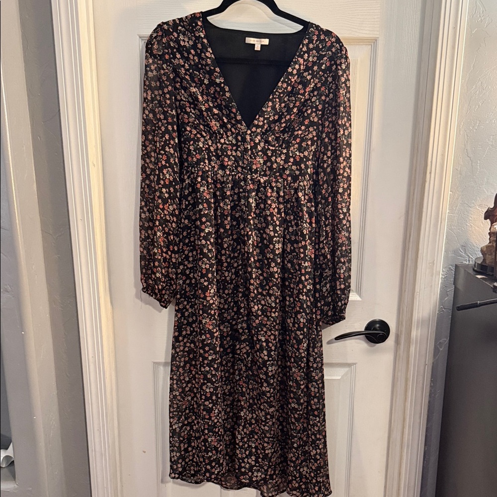 Skies Are Blue Black Floral V-Neck Midi Dress with Pink Blooms